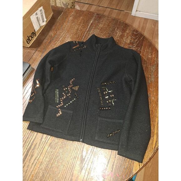 Size 8 Small Chicos Size 1 Black Wool Long Sleeve Full Zip Jacket Embellish Gold - Picture 1 of 8